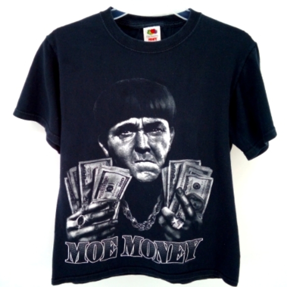 Three Stooges Moe Money Graphic Tee Funny Black Cash Fruit of the Loom Cotton S - Picture 1 of 7
